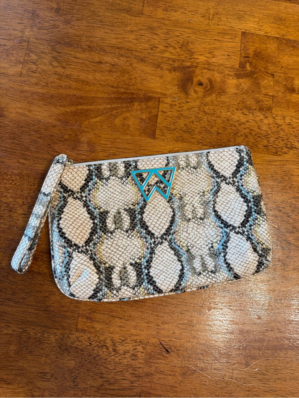 Kelly Wynne Risky Biz Python Snake Print Wristlet Clutch Bag Teal Logo